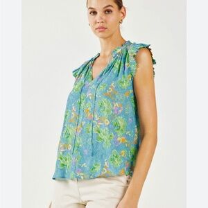 Current Air Blue Floral Ruffle Sleeve V-Neck Blouse NEW